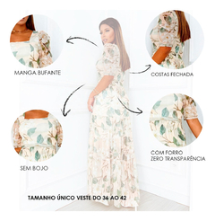 Vestido Longo Tule Estampa Floral Tropical Manga Curta