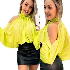 Blusa Feminina Social Cropped Manga Longa Bufante Gola Alta - comprar online