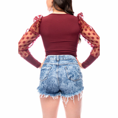 Cropped Blusinha Manga Comprida Bufante Tule Poa Bolinha - comprar online