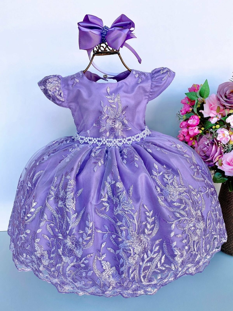 VESTIDO INFANTIL REALEZA LILÁS RENDA PÉROLAS PRINCESA LUXO