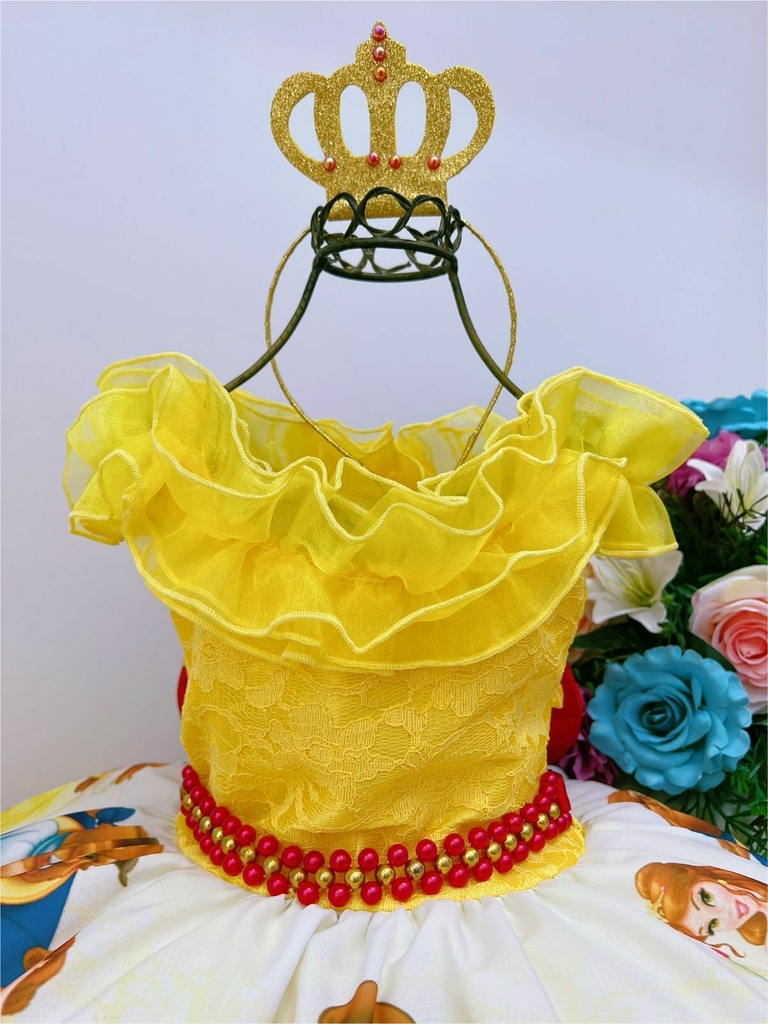 VESTIDO INFANTIL PRINCESA BELA E A FERA AMARELO C/ PÉROLAS