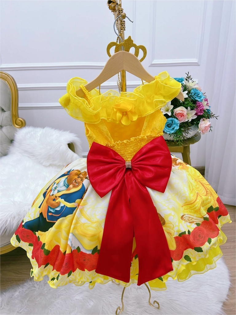 VESTIDO INFANTIL PRINCESA BELA E A FERA AMARELO C/ PÉROLAS