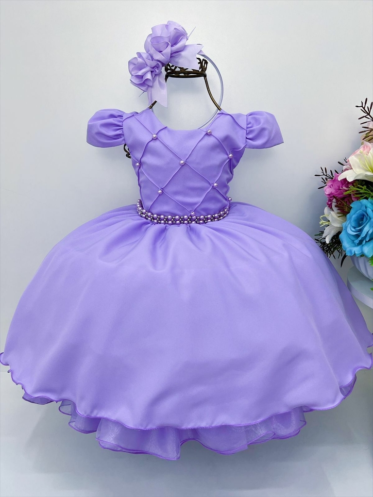 VESTIDO INFANTIL LILÁS C/ CINTO DE PÉROLAS CASAMENTO LUXO