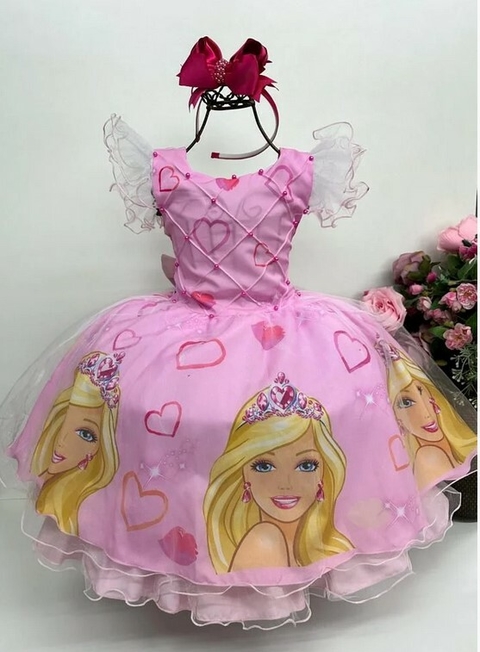 Vestido Infantil Barbie Rosa Chiclete Glitter e Estrelas - Fabuloso Ateliê