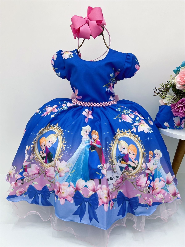 Vestido Infantil Azul Luxo Princesa Cinderela Frozen Alice
