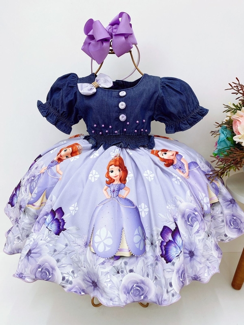 Vestido Infantil Princesa Sofia Com os Animais Lilás Strass