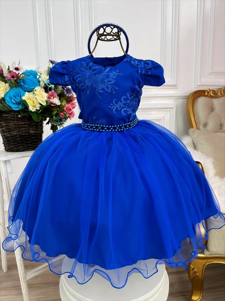 VESTIDO INFANTIL CINDERELA PRINCESA AZUL C/ RENDA E PÉROLAS