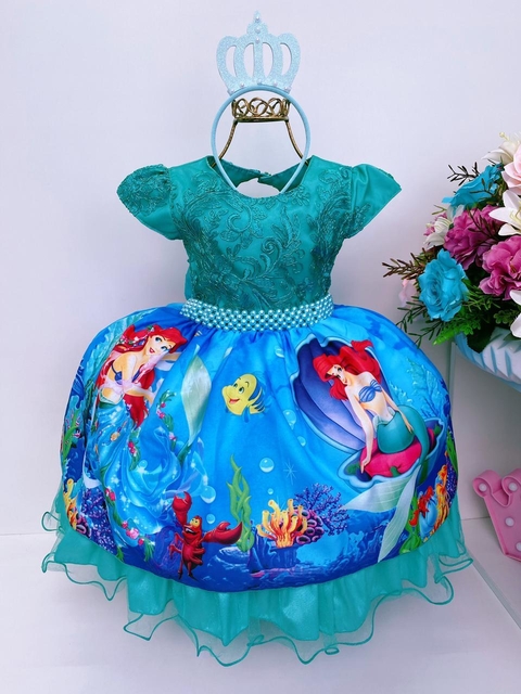 VESTIDO INFANTIL PRINCESA ARIEL PÉROLAS RENDA BRILHO