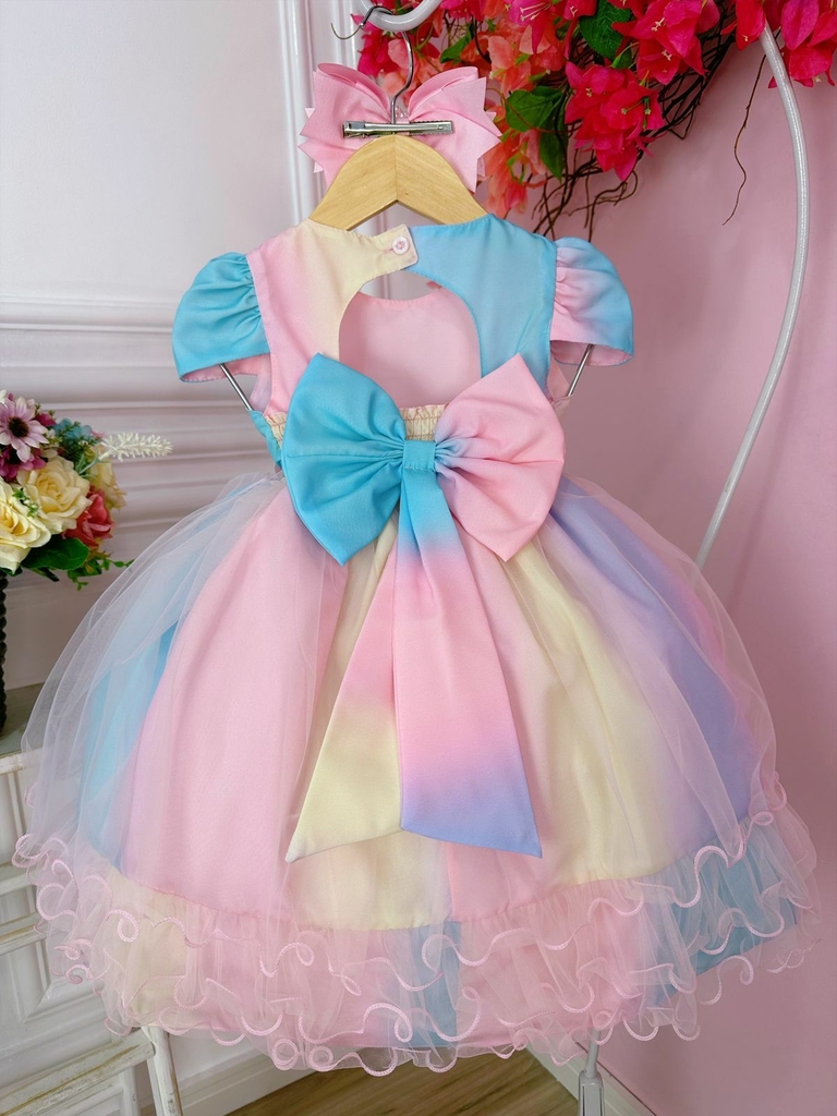 Vestido Infantil Princesa Cinderela / Frozen com Aplique de Flores