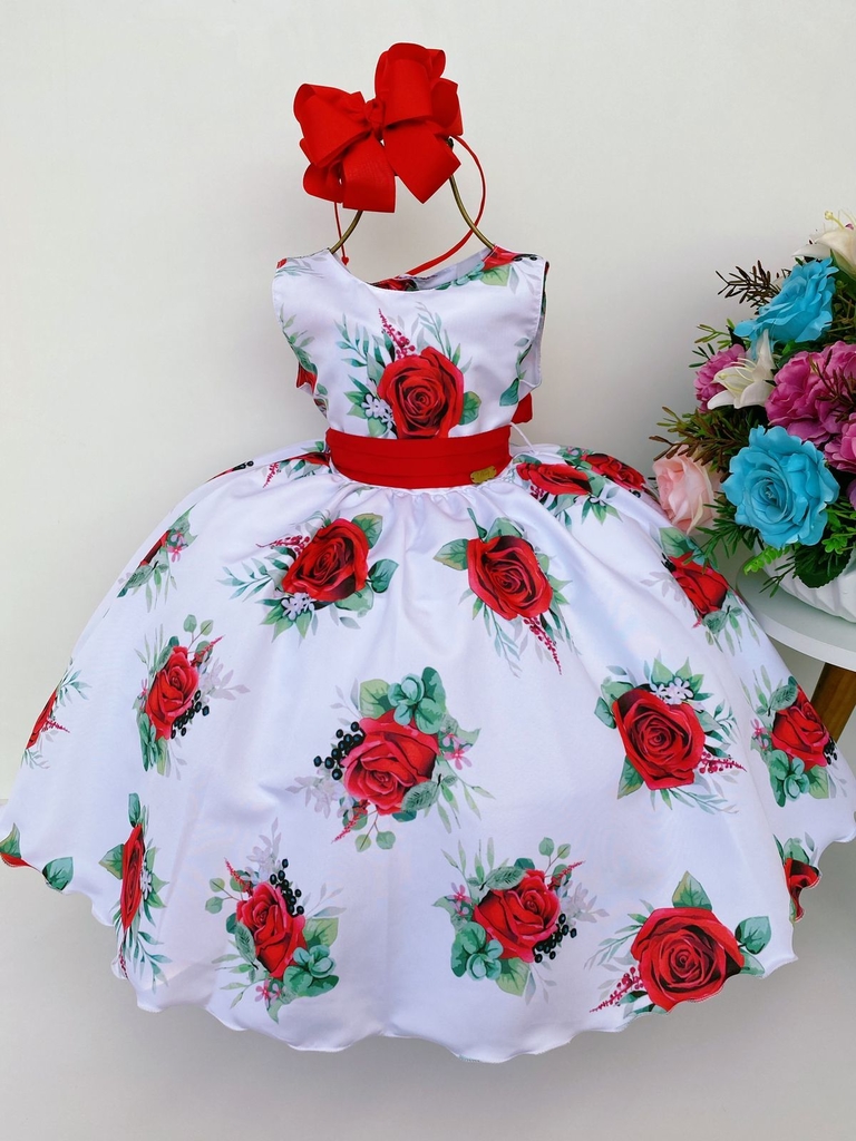 Vestido Infantil Branco e Vermelho Floral Luxo Princesa Dama