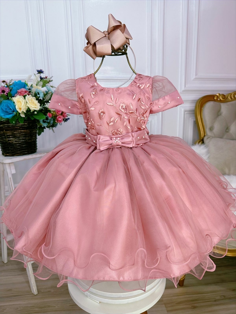 Vestido Infantil Moana Baby Luxo Princesas Renda e Pérolas - Rosa