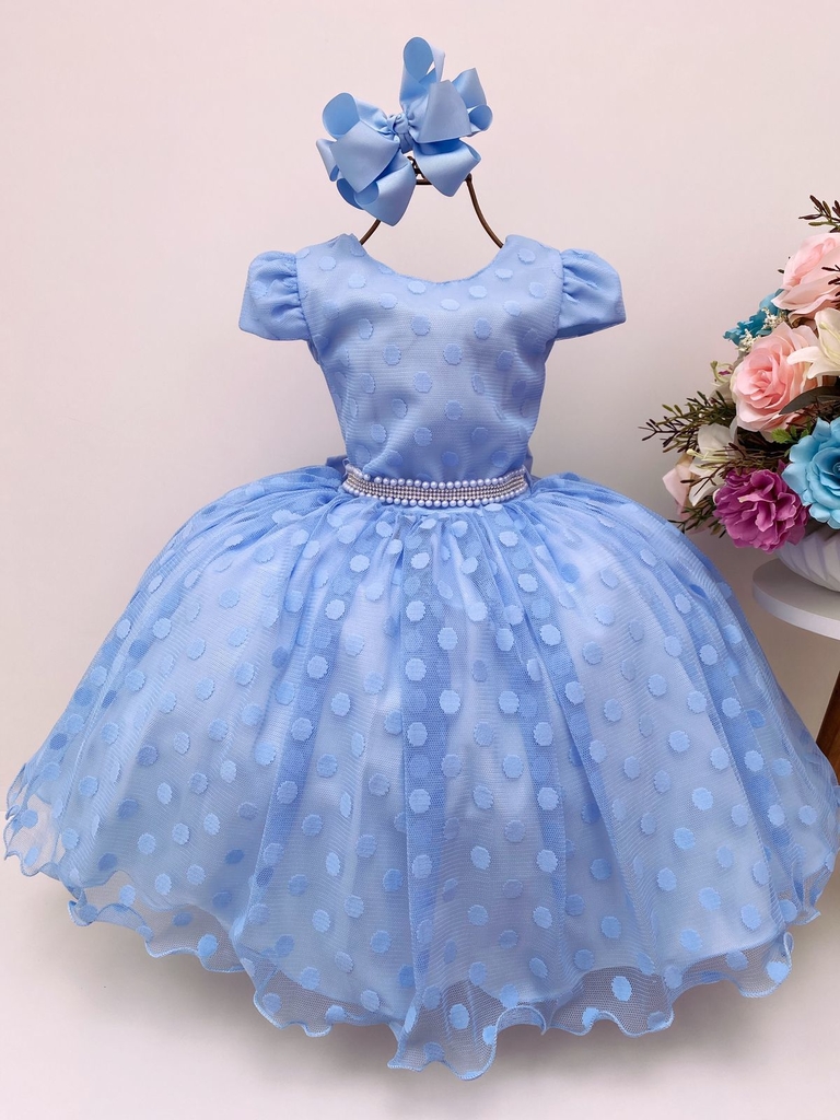 Vestido Infantil Azul C/ Renda Cinto Pérolas Strass Princesa