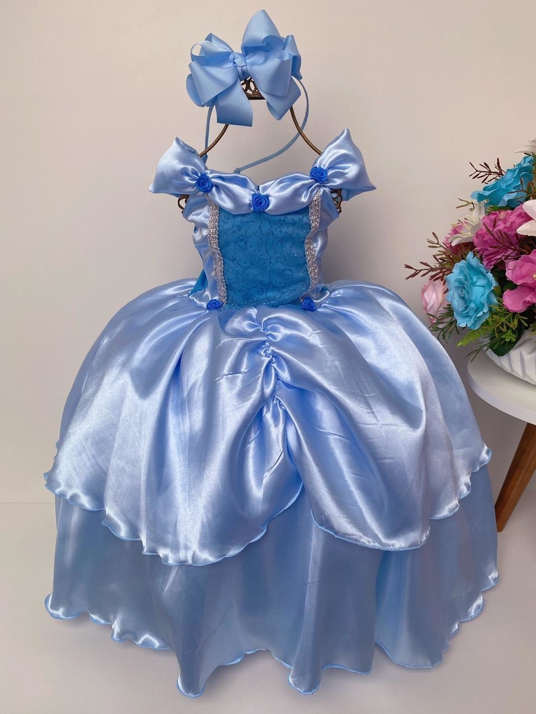 Vestido Cinderela Azul Longo Fantasia Princesa Cinderela