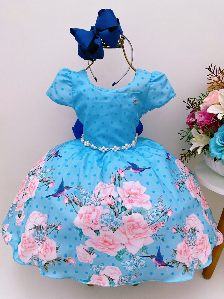 VESTIDO INFANTIL AZUL FLORES LUXO PRINCESA FESTA PÉROLAS