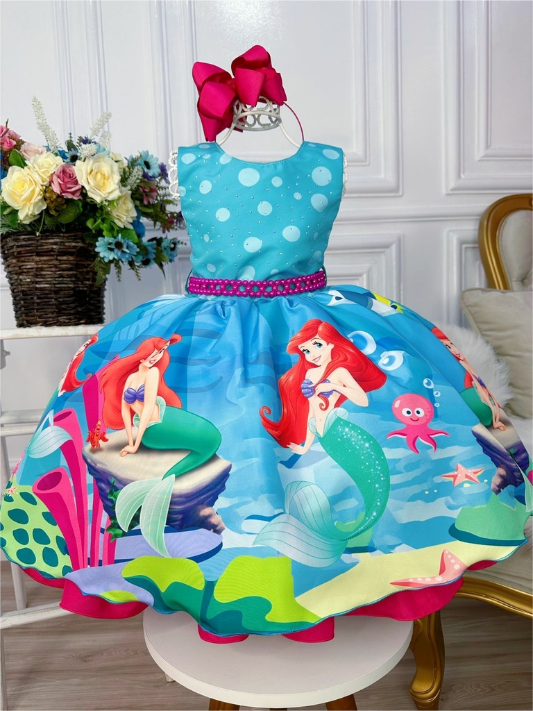 VESTIDO INFANTIL PRINCESA ARIEL PÉROLAS RENDA BRILHO