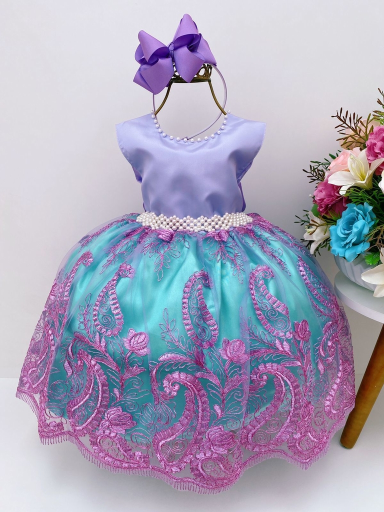 VESTIDO INFANTIL PRINCESA ARIEL PÉROLAS RENDA BRILHO – La Pietra