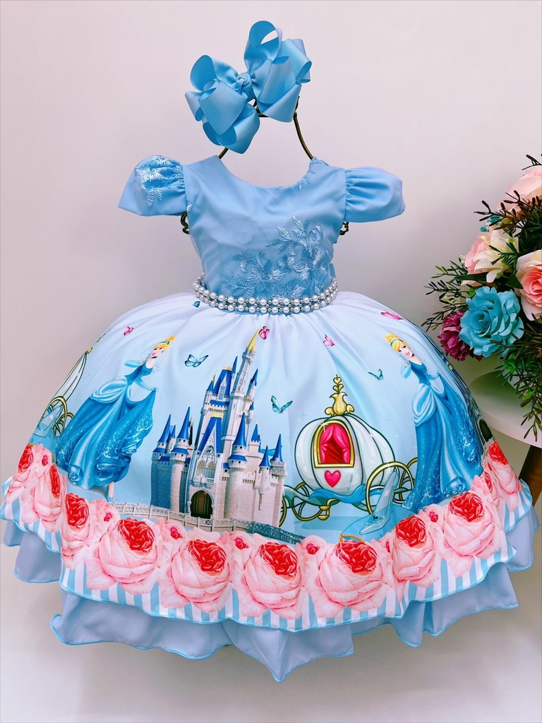 VESTIDO INFANTIL CINDERELA PRINCESA AZUL C/ RENDA E PÉROLAS