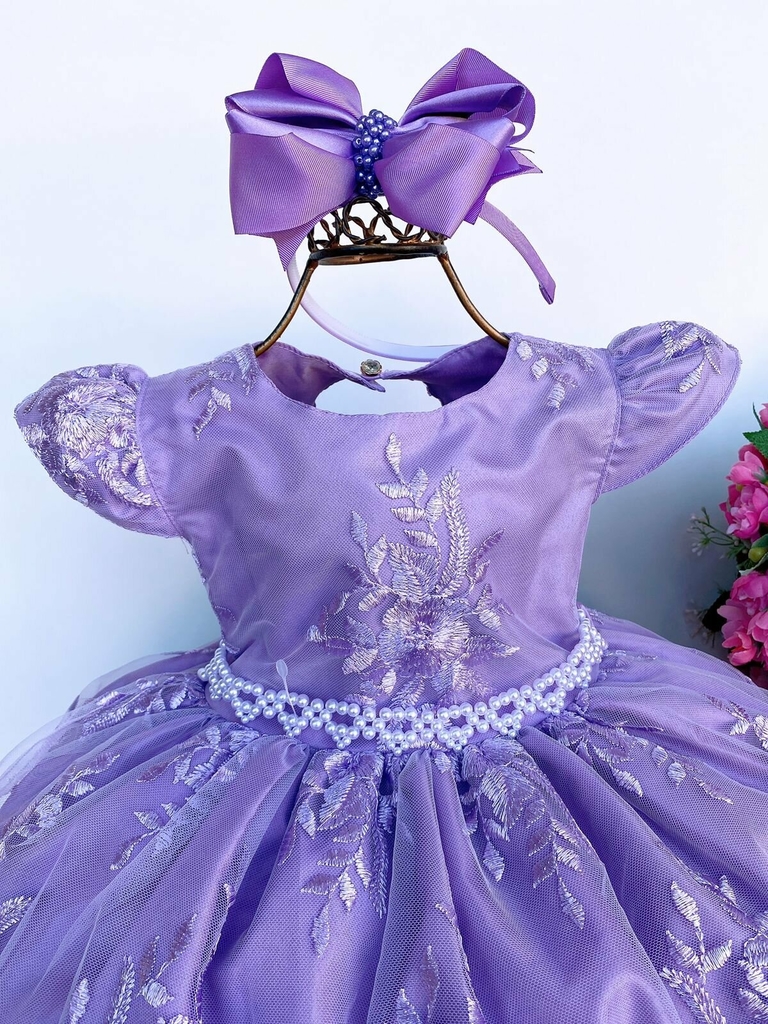 Vestido Infantil Lilás Princesa Sofia Realeza Luxo + Tiara