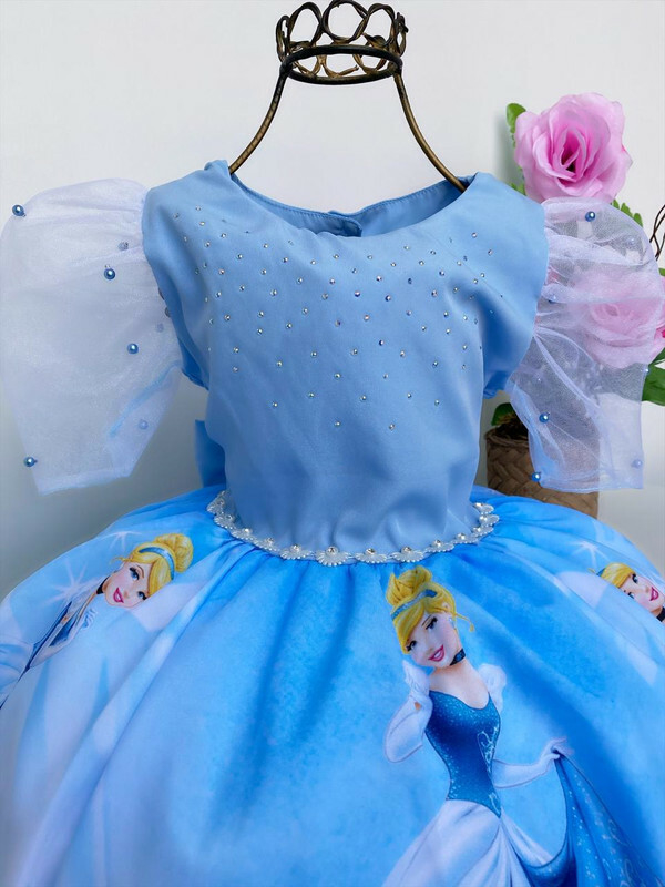 Vestido festa infantil da Cinderela azul com detalhes amarelo