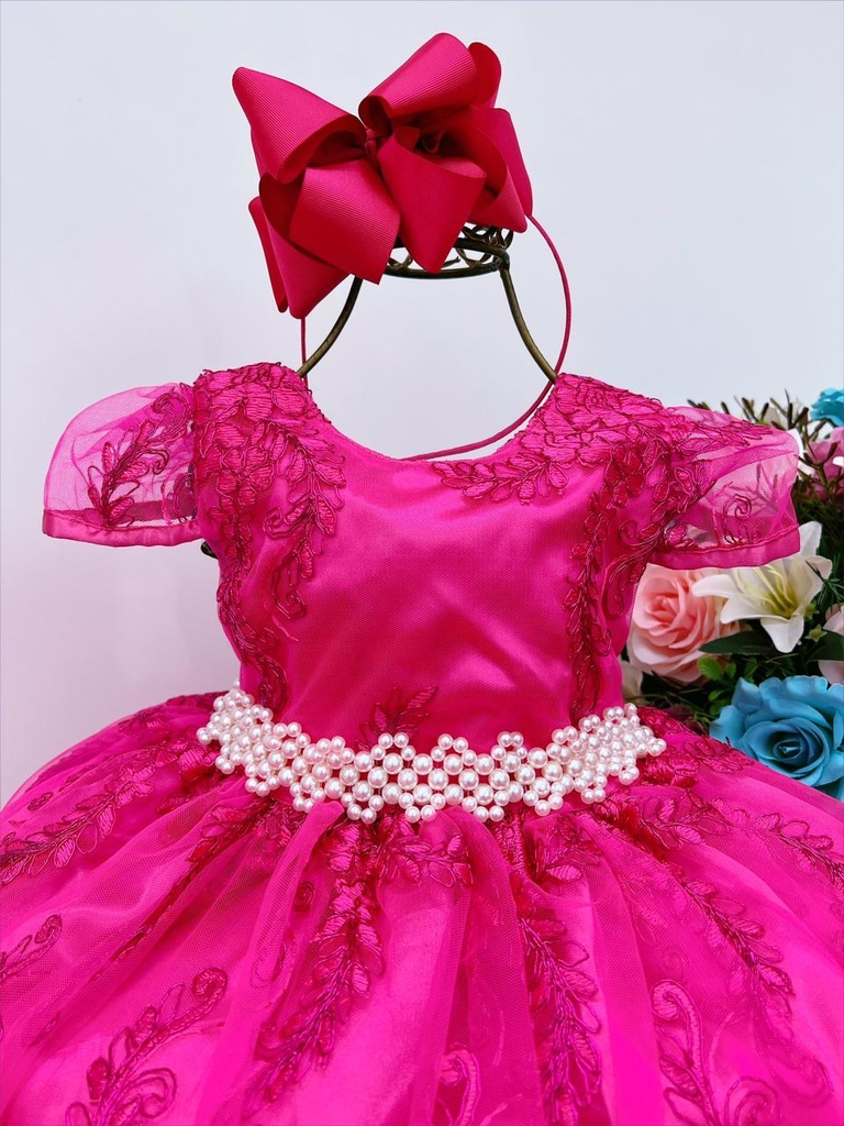 Vestido Infantil Barbie Princesa Rosa Chiclete com Cinto