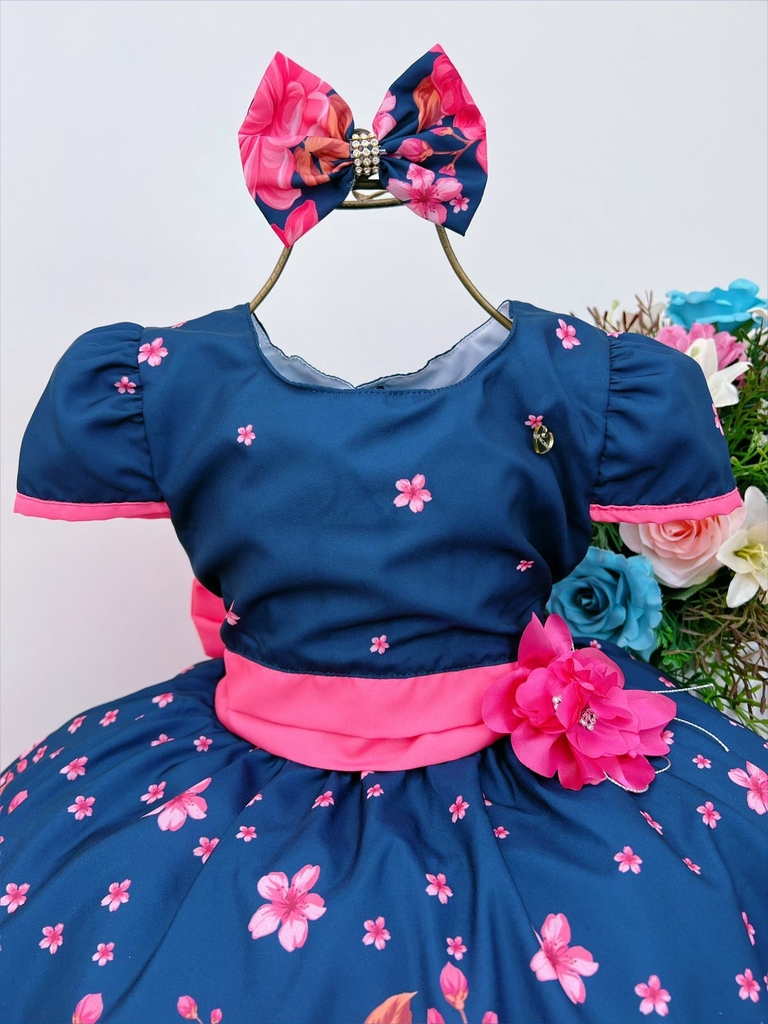 Vestido Infantil Barbie Azul Marinho Neon C/ Broche de Laço