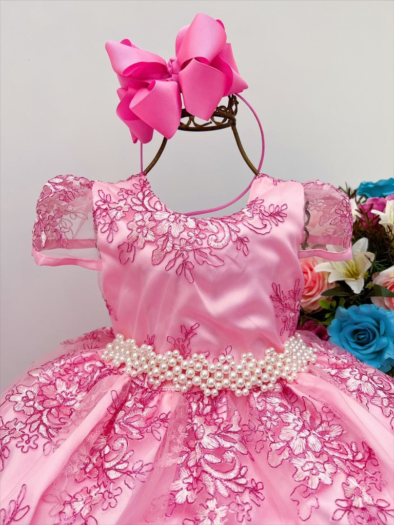 Vestido Infantil Barbie Princesa Rosa Chiclete com Cinto