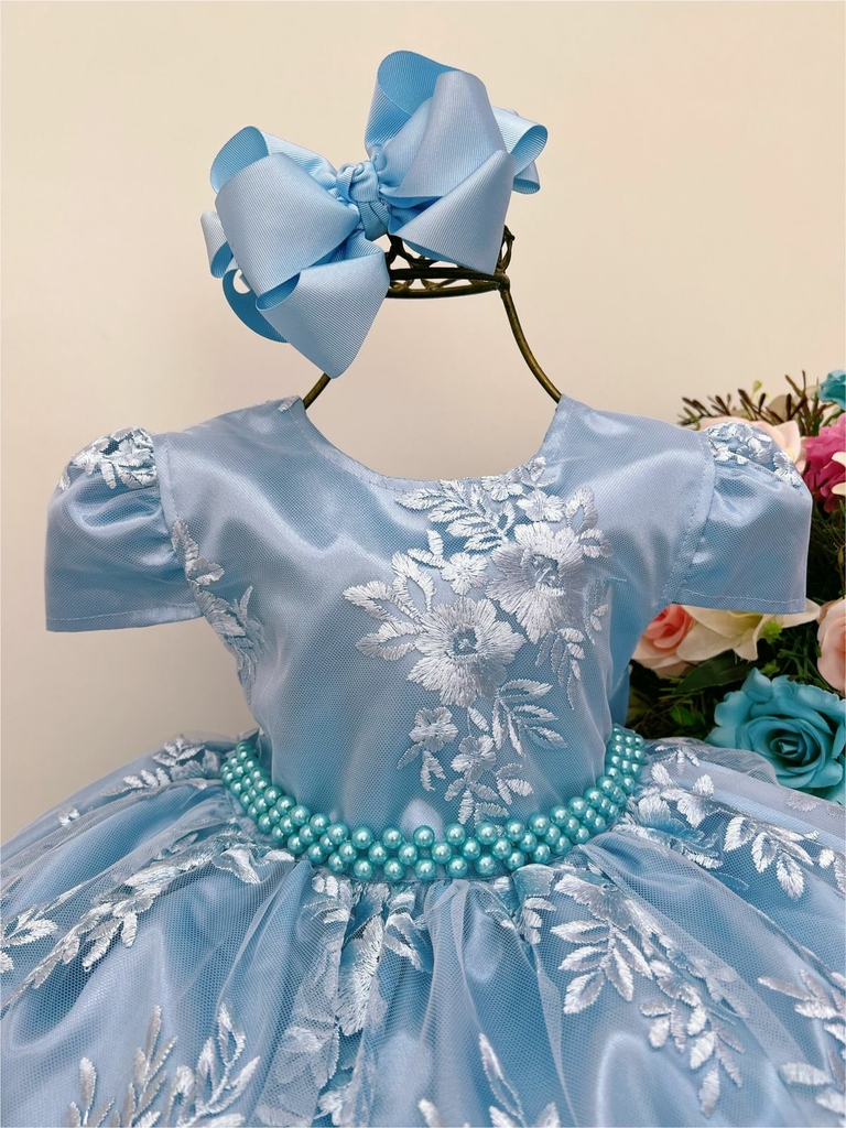 VESTIDO INFANTIL CINDERELA PRINCESA AZUL C/ RENDA E PÉROLAS