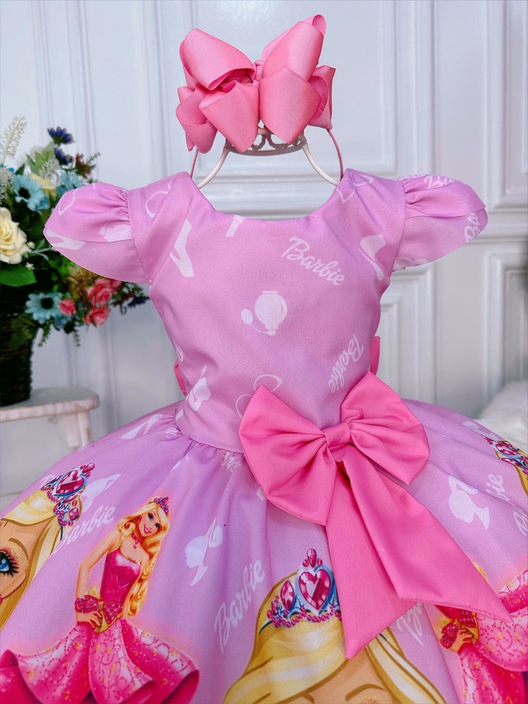 Vestido Infantil Princesa Barbie Com Laço e Glitter