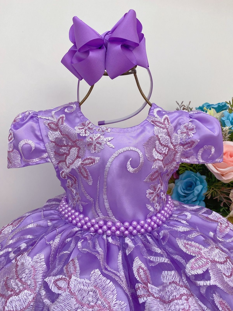 Vestido Infantil Princesa Sofia Lilás C/ Cinto De Pérolas