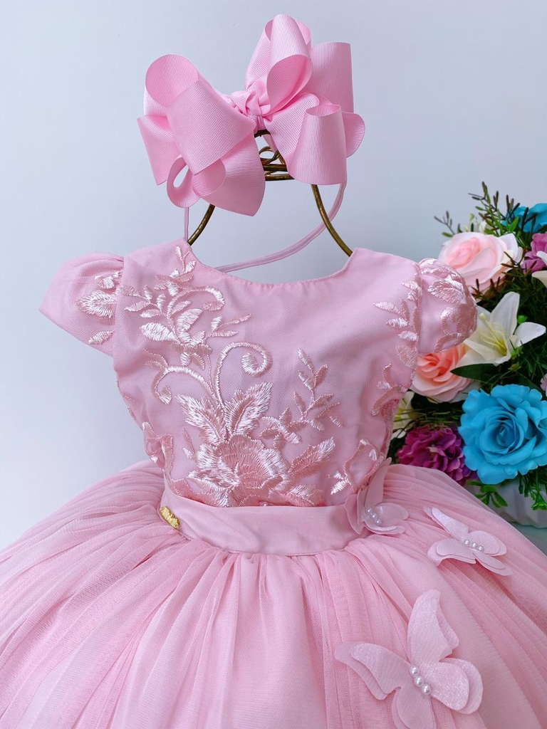 Vestido Infantil Rose Renda C/ Borboletas Dama Princesas