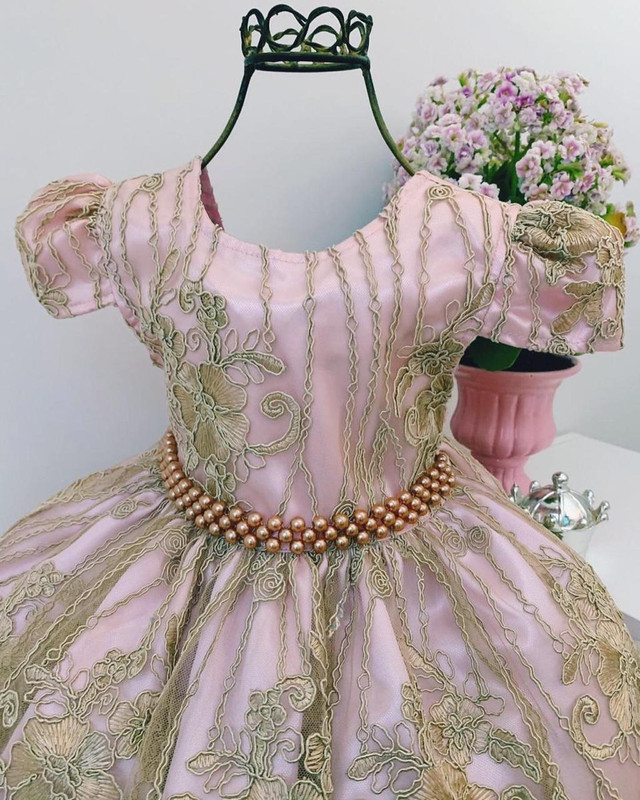 Vestido Infantil Rosa Dourado Realeza Princesa