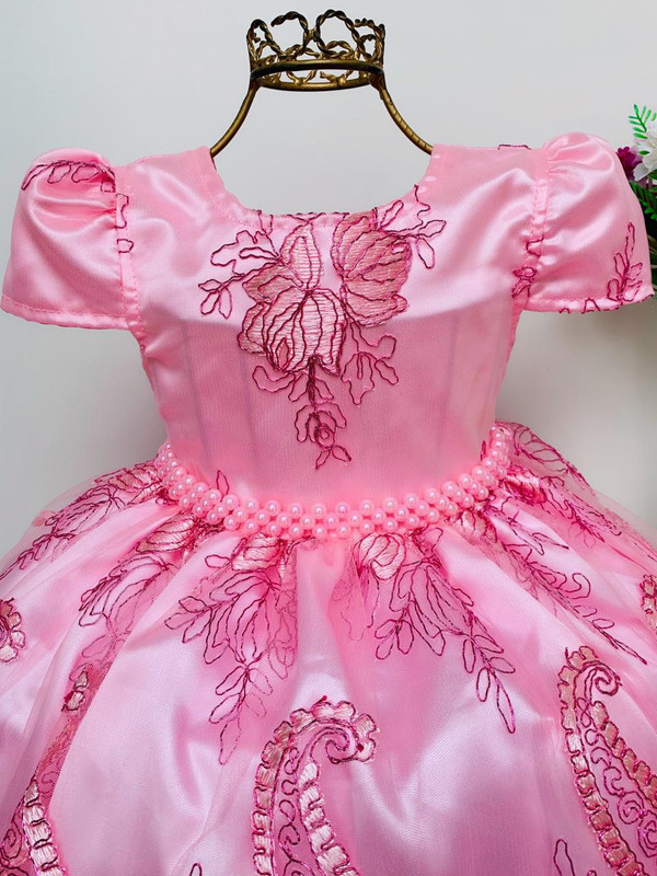 Vestido Infantil Vermelho Realeza Renda Princesa Luxo Festa - Rosa