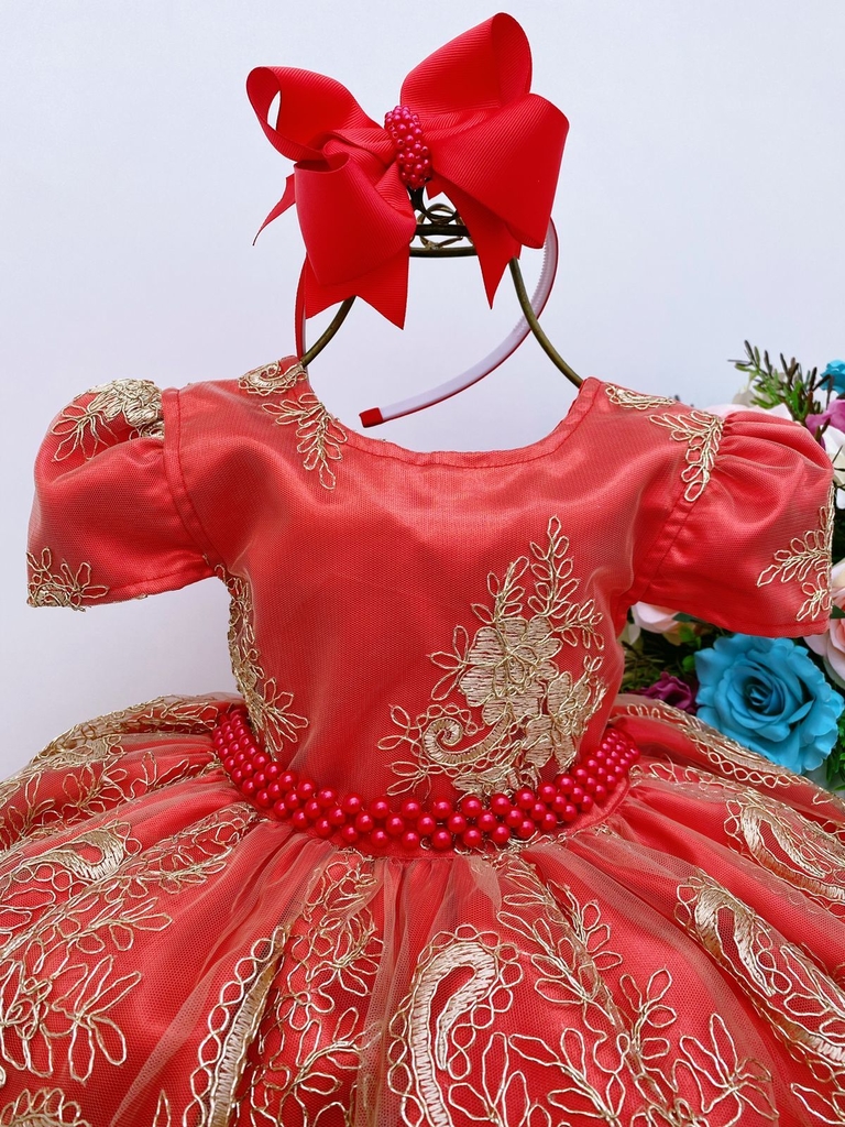 Vestido Infantil Vermelho Renda Princesas Realeza Luxo Festa