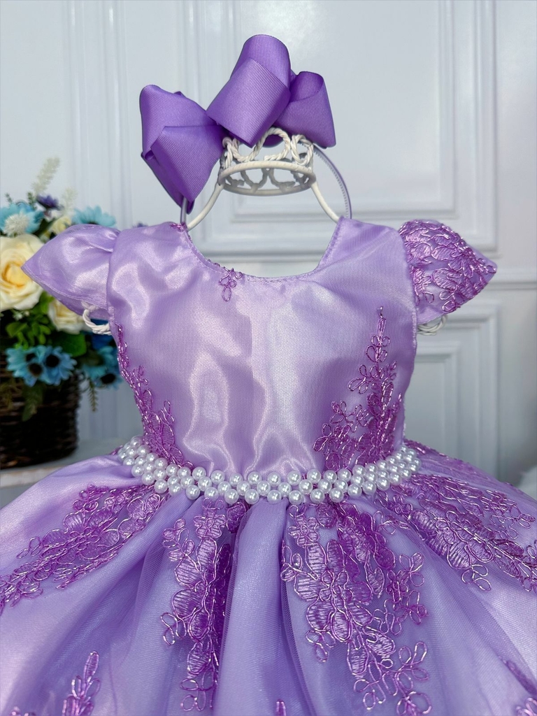 Vestido Infantil Lilás Princesa Sofia Realeza Luxo + Tiara