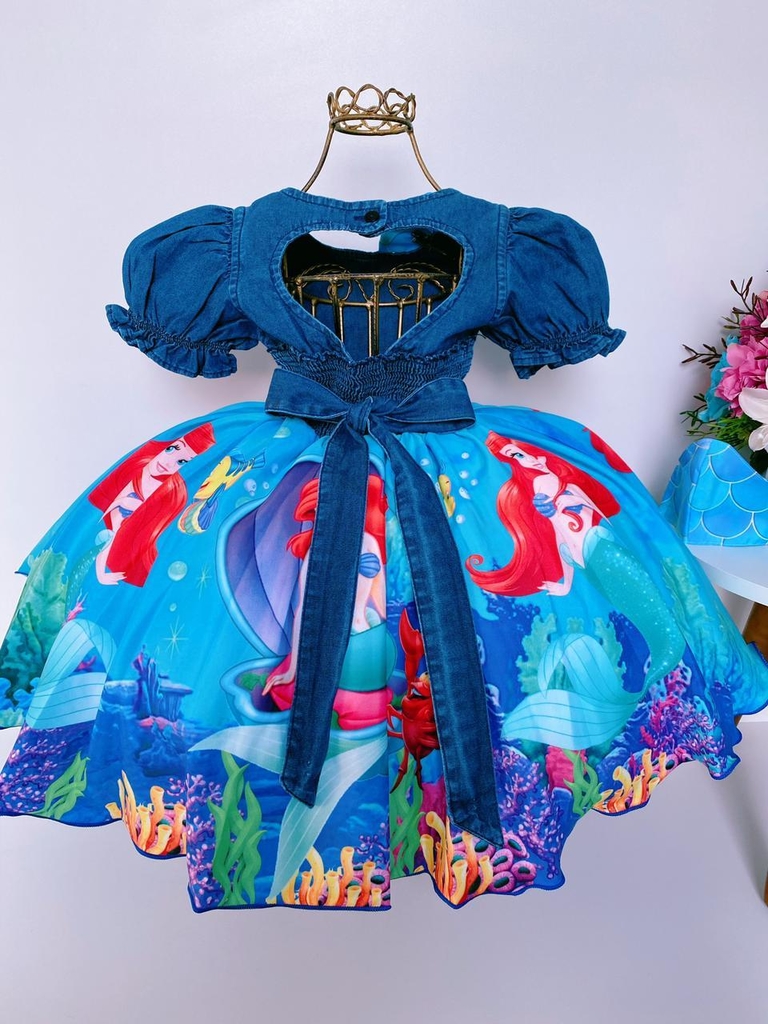 VESTIDO INFANTIL PRINCESA ARIEL PÉROLAS RENDA BRILHO