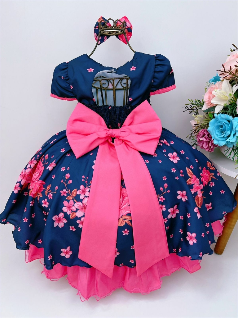 Vestido Infantil Barbie Azul Marinho Neon C/ Broche de Laço