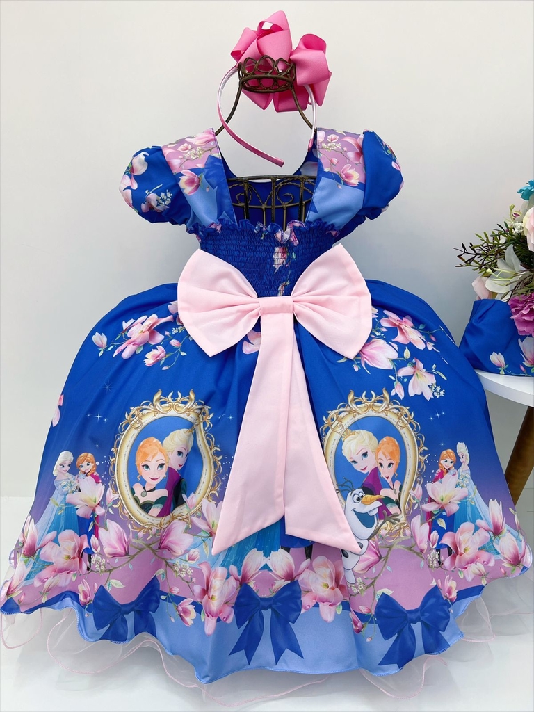 Vestido Infantil Frozen Princesas Com Cinto de Pérolas