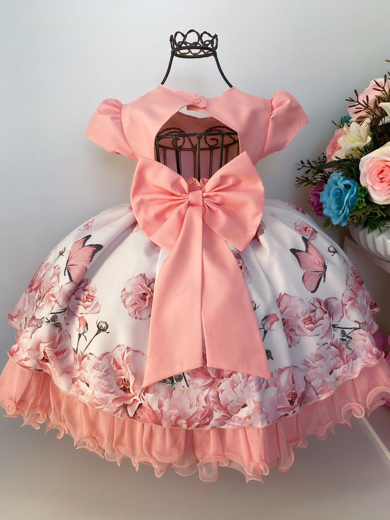 VESTIDO INFANTIL ROSA FLORAL PRINCESA LUXO FESTA ANIVERSÁRIO