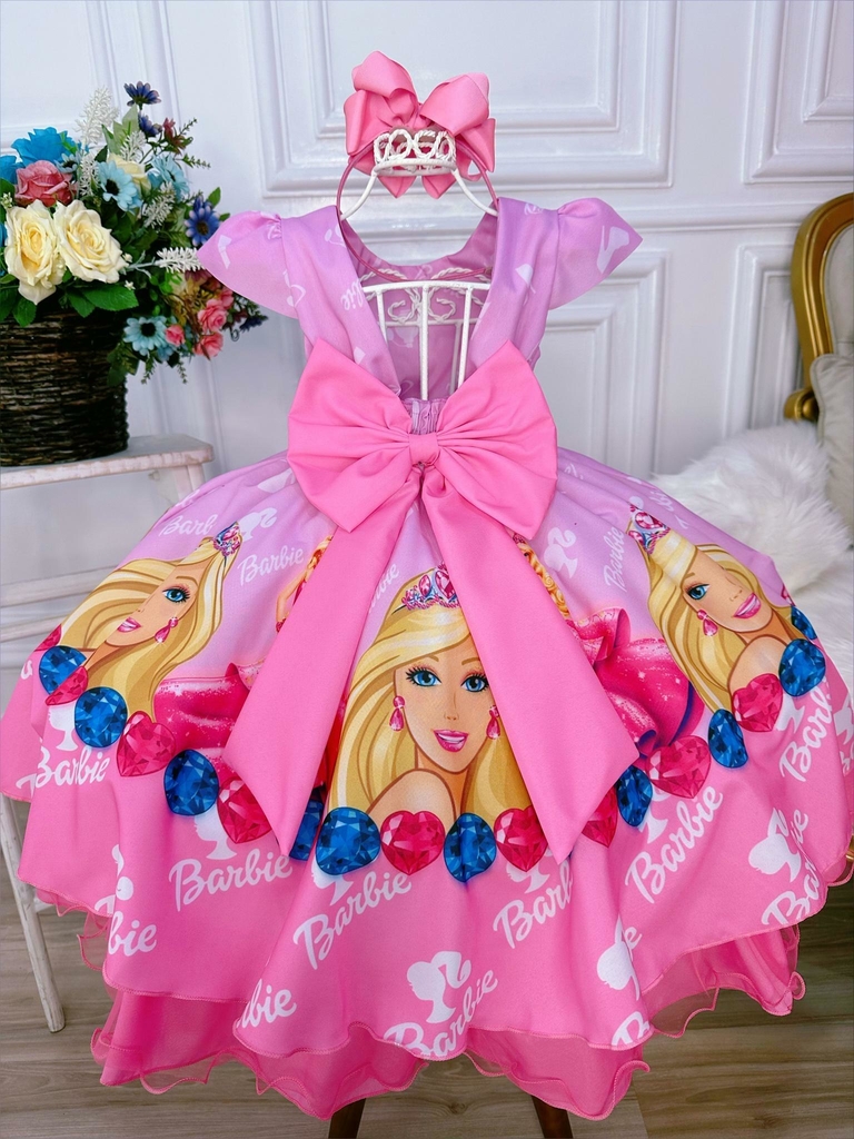 Vestido Infantil Princesa Barbie Rosa Com Aplique de Laço