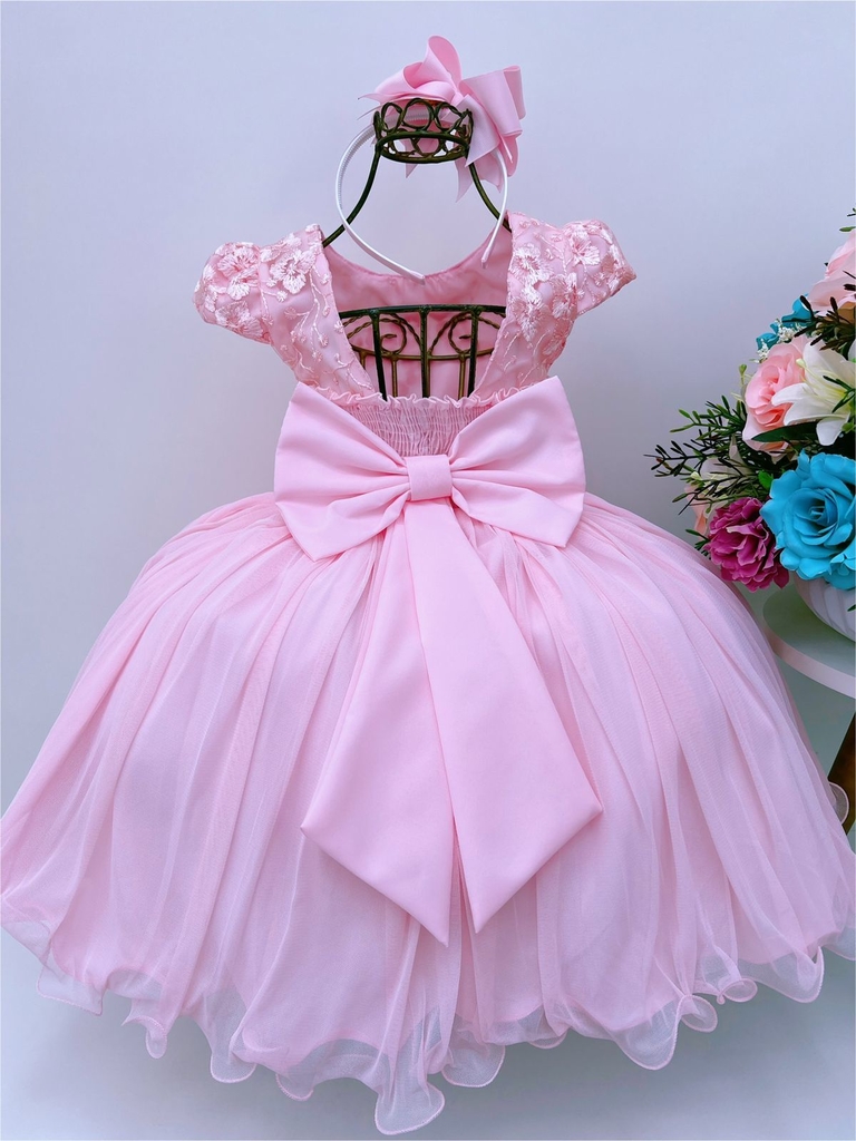 Vestido Infantil Rosa C/ Renda de Borboletas Dama Princesas