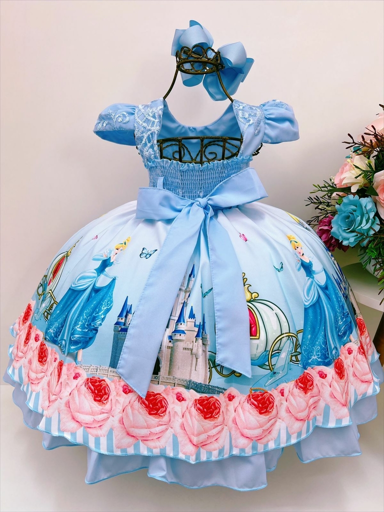 Vestido Infantil Princesa Cinderela Azul C/ Renda Luxo Festa