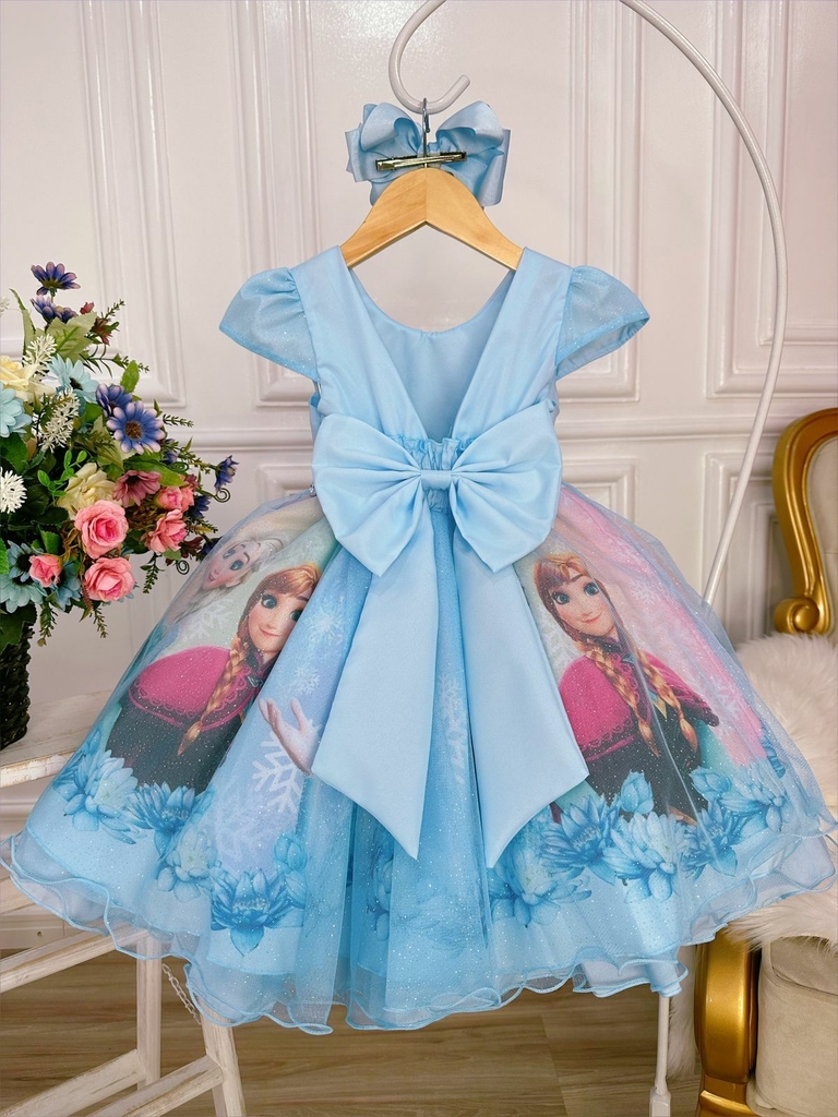 Vestido Infantil Frozen Azul C/ Cinto Pérolas Luxo Princesas