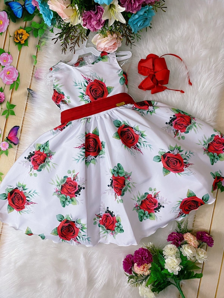 Vestido Infantil Branco e Vermelho Floral Luxo Princesa Dama