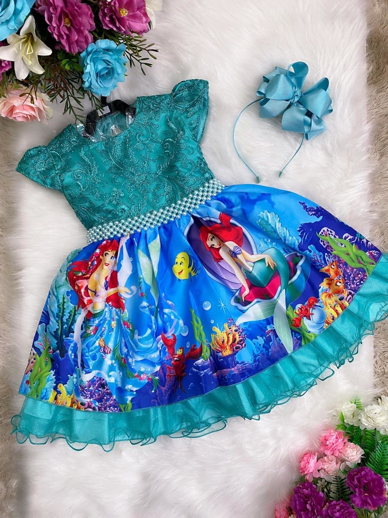 Vestido Infantil Princesa Ariel Lilás E Tule Verde Pérolas