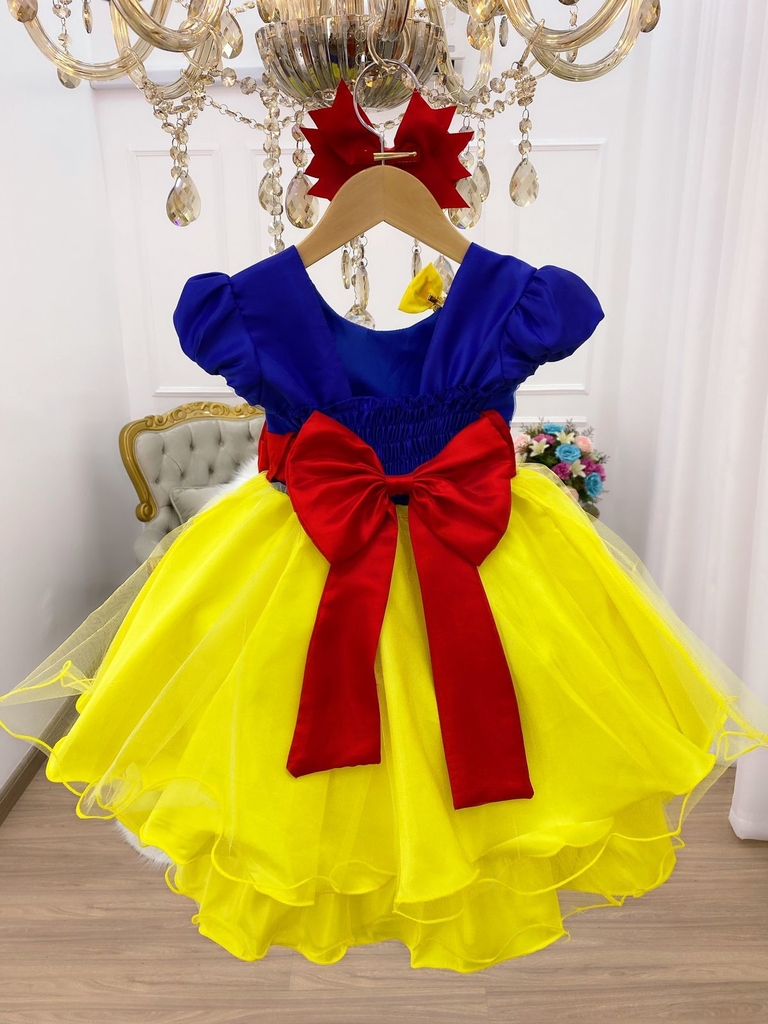 VESTIDO INFANTIL BRANCA DE NEVE C/ LAÇO CABELO CORES VARIADAS