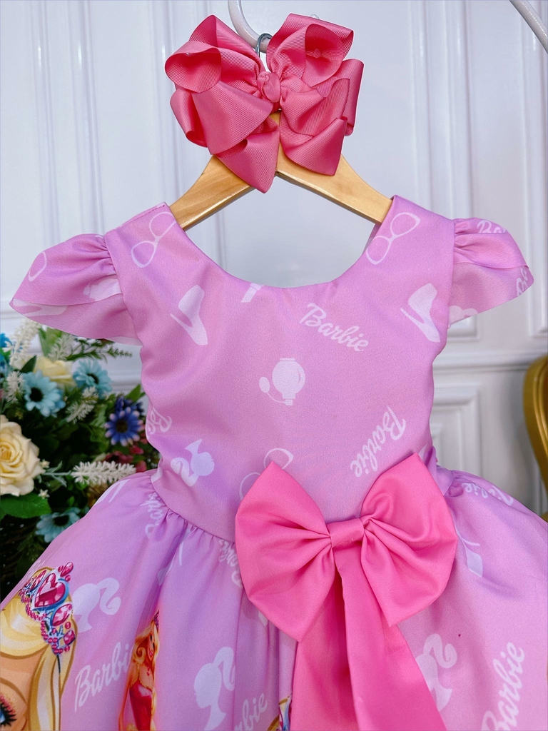 Vestido Infantil Princesa Barbie Rosa Com Aplique de Laço