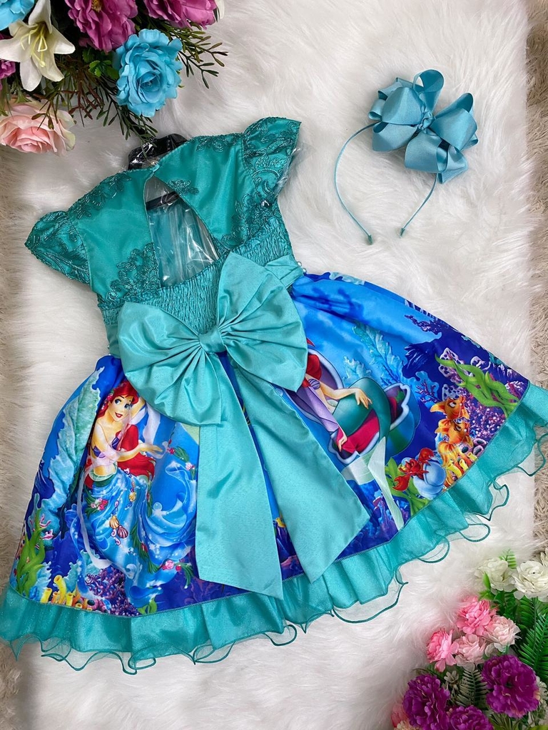 Vestido Infantil Princesa Ariel Lilás E Tule Verde Pérolas