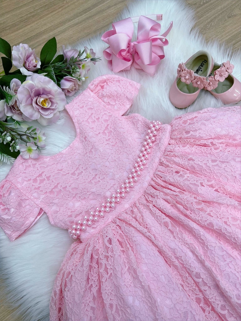 Vestido Infantil Vermelho Realeza Renda Luxo Festa Princesa - Rosa