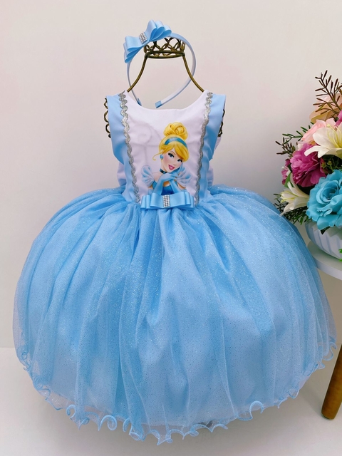 VESTIDO INFANTIL CINDERELA AZUL MANGAS LUXO FESTAS LUXO