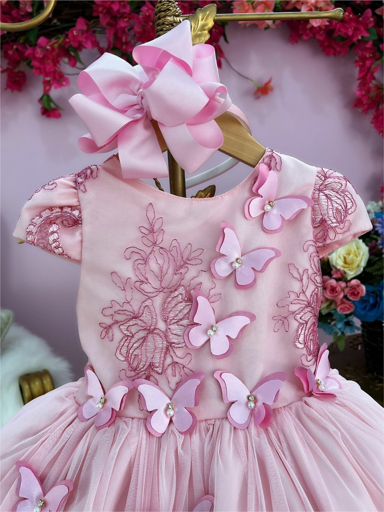 Vestido infantil Princesa Jardim Encantado Rosa c/ borboleta